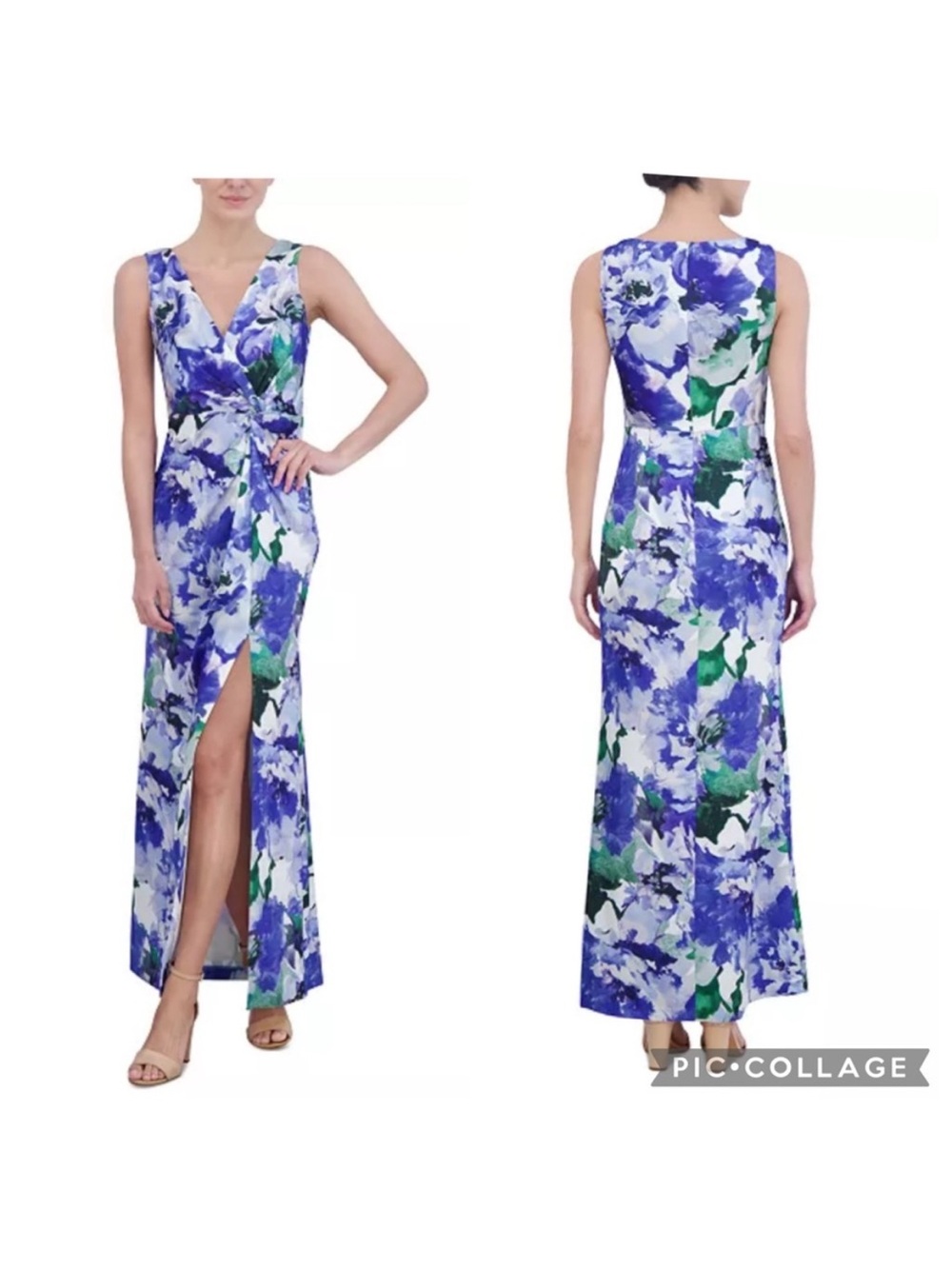 Eliza J Floral V‑Neck Maxi Dress with Side Slit - Blue/Green size 8